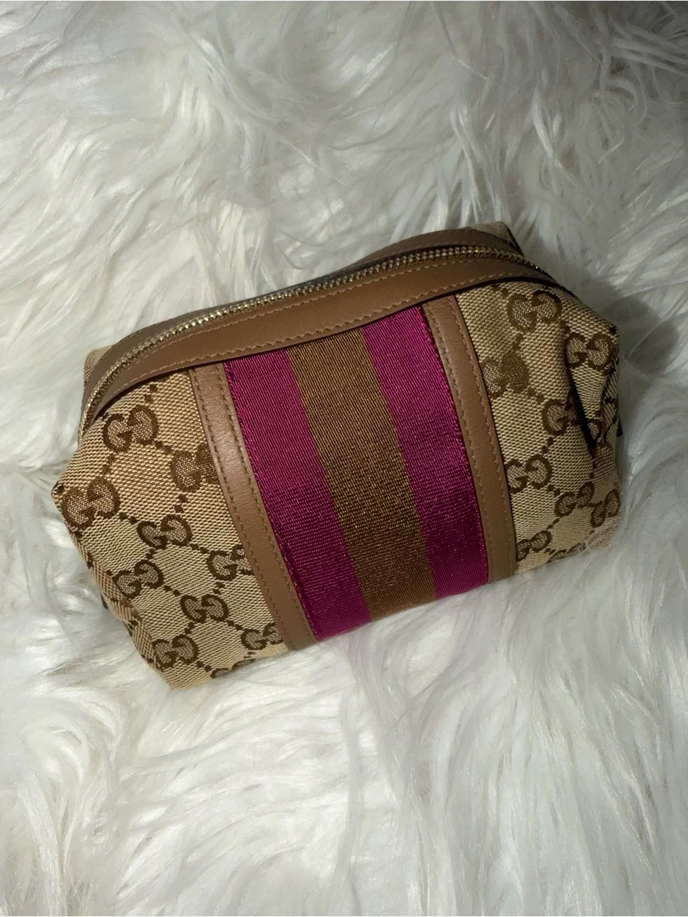 Gucci Beige GG Canvas Cosmetic Pouch with Pink and Brown Center Stripe